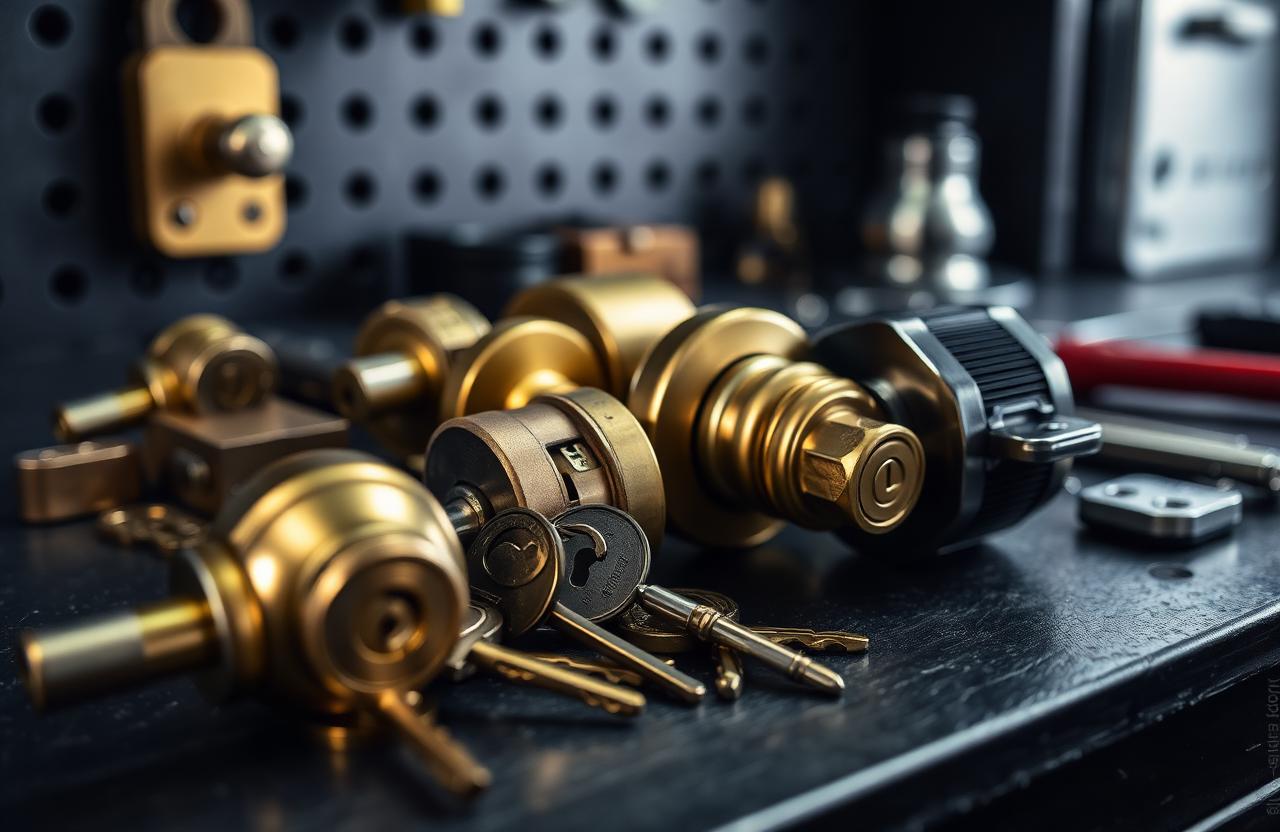 High-security door lock cylinders and keys on a Pretoria locksmith's workbench